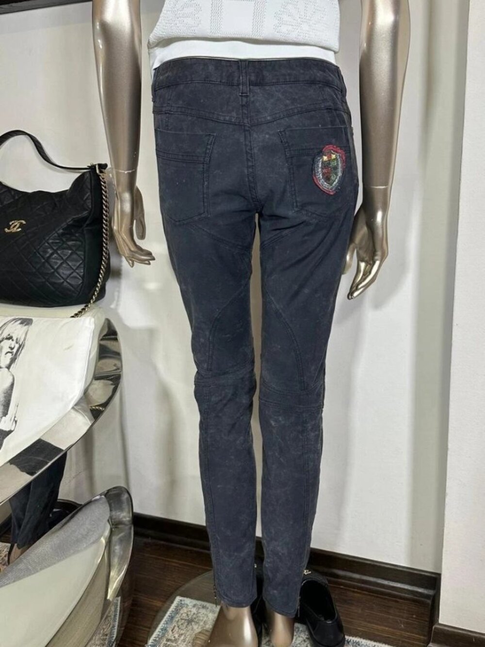Louis Vuitton Washed Black Moto Biker Pants Ankle Zip Crest Patch (FR 40 / US 8)